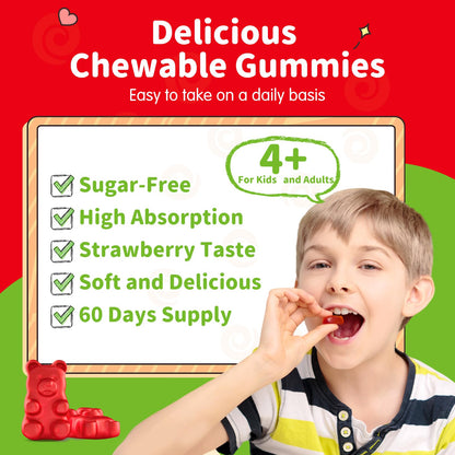 Magnesium Gummies for Kids - Magnesium Glycinate Gummies Supplement with L-Theanine, Vitamin B6, D3 for Kids & Adults Sleep, Calm, Relaxation, Brain, Bones, Sugar Free Strawberry 60ct - dailyvitalstore
