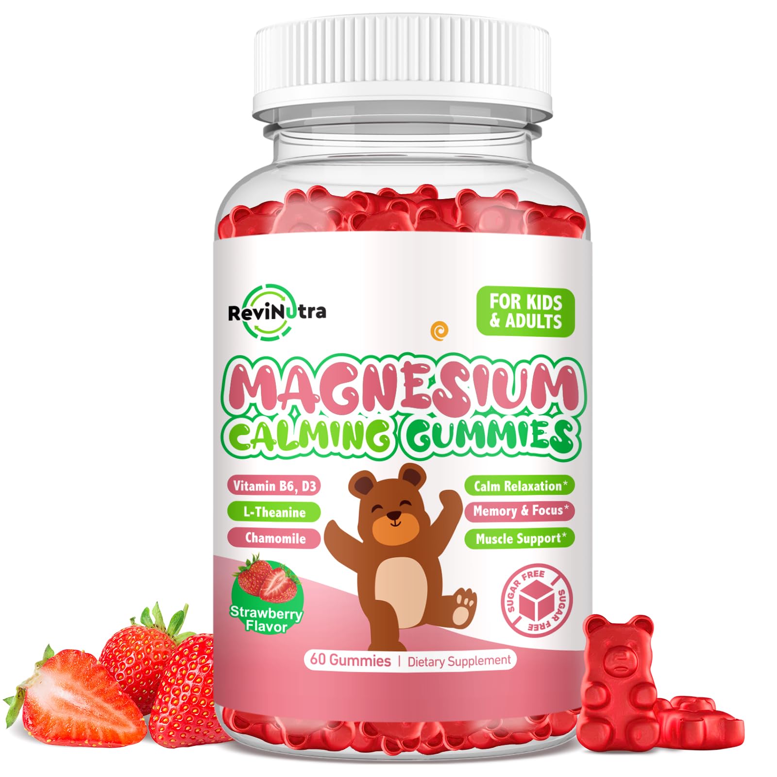 Magnesium Gummies for Kids - Magnesium Glycinate Gummies Supplement with L-Theanine, Vitamin B6, D3 for Kids & Adults Sleep, Calm, Relaxation, Brain, Bones, Sugar Free Strawberry 60ct - dailyvitalstore