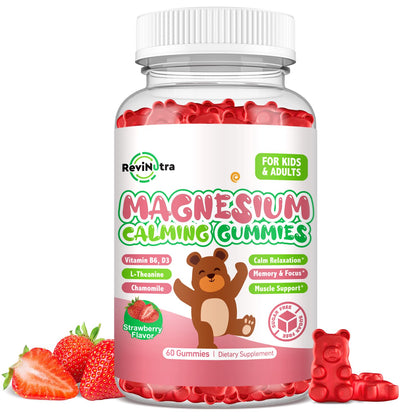 Magnesium Gummies for Kids - Magnesium Glycinate Gummies Supplement with L-Theanine, Vitamin B6, D3 for Kids & Adults Sleep, Calm, Relaxation, Brain, Bones, Sugar Free Strawberry 60ct - dailyvitalstore