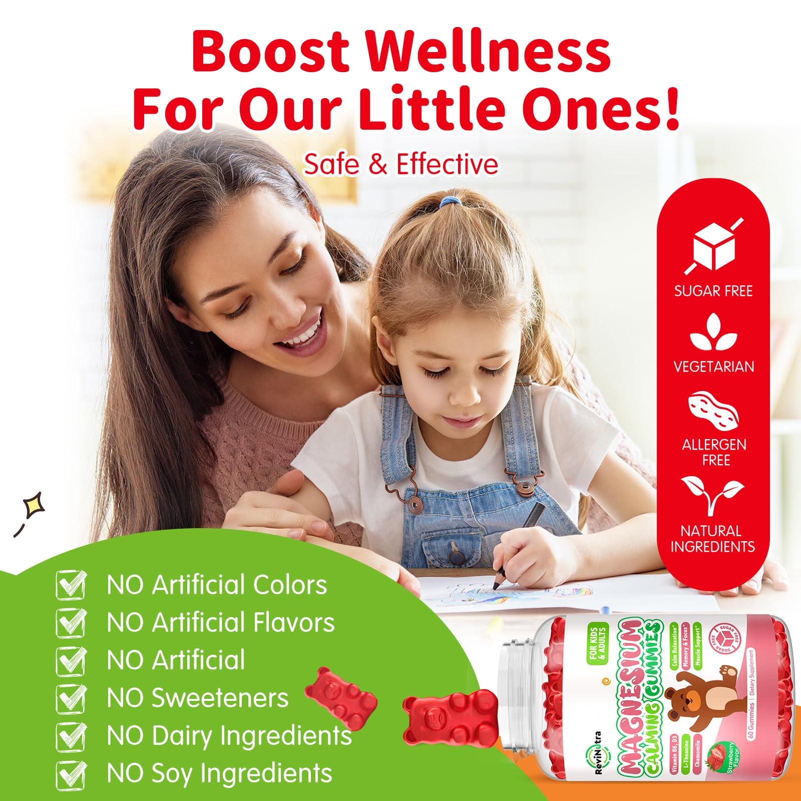 Magnesium Gummies for Kids - Magnesium Glycinate Gummies Supplement with L-Theanine, Vitamin B6, D3 for Kids & Adults Sleep, Calm, Relaxation, Brain, Bones, Sugar Free Strawberry 60ct - dailyvitalstore