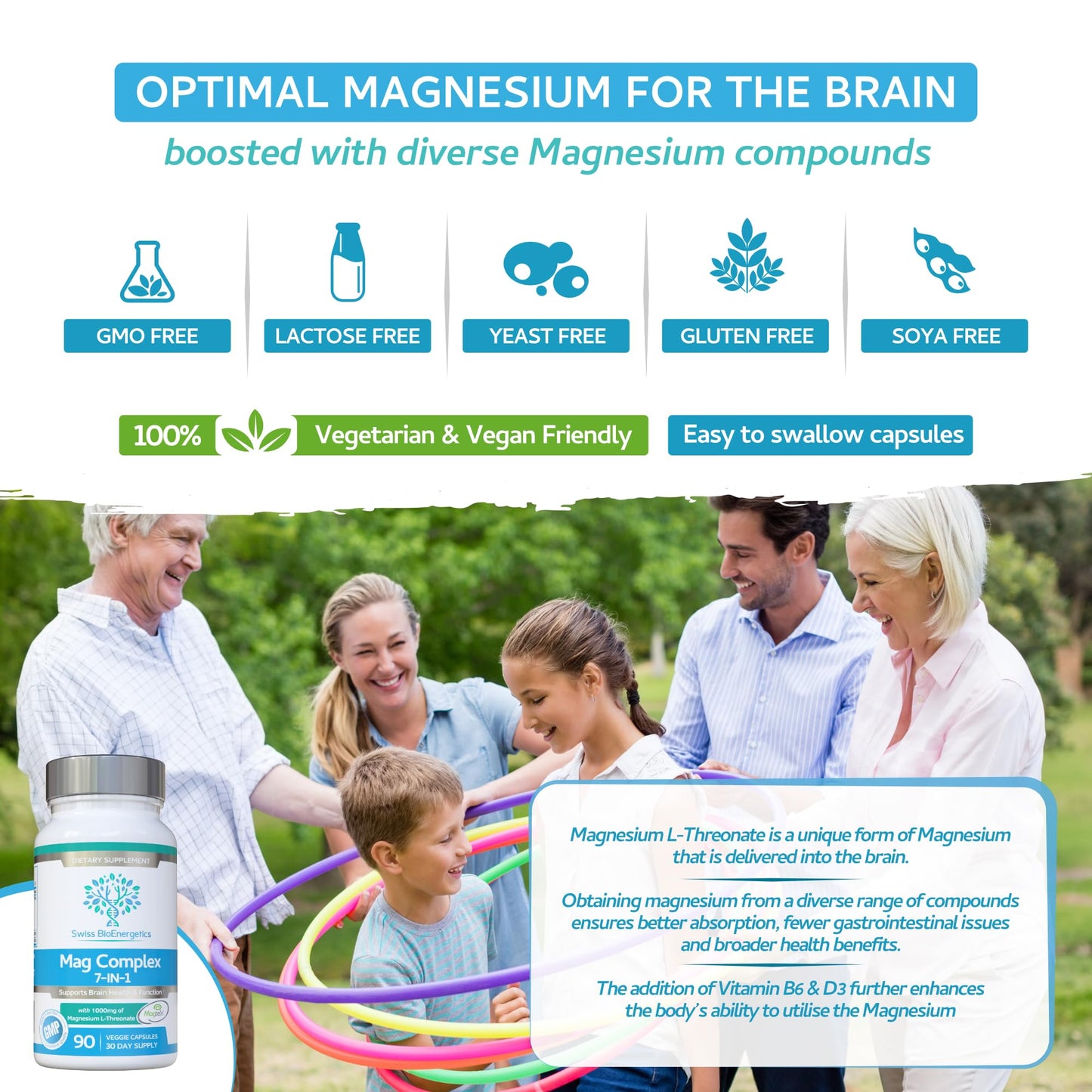 Magnesium L-Threonate Complex 7-in-1 with 1000mg of Magtein Plus Magnesium as Bisglycinate, Taurate, Citrate, Gluconate, Malate & Lactate - Supports Sleep - Vegan, US Made and No Artificial Nasties - dailyvitalstore
