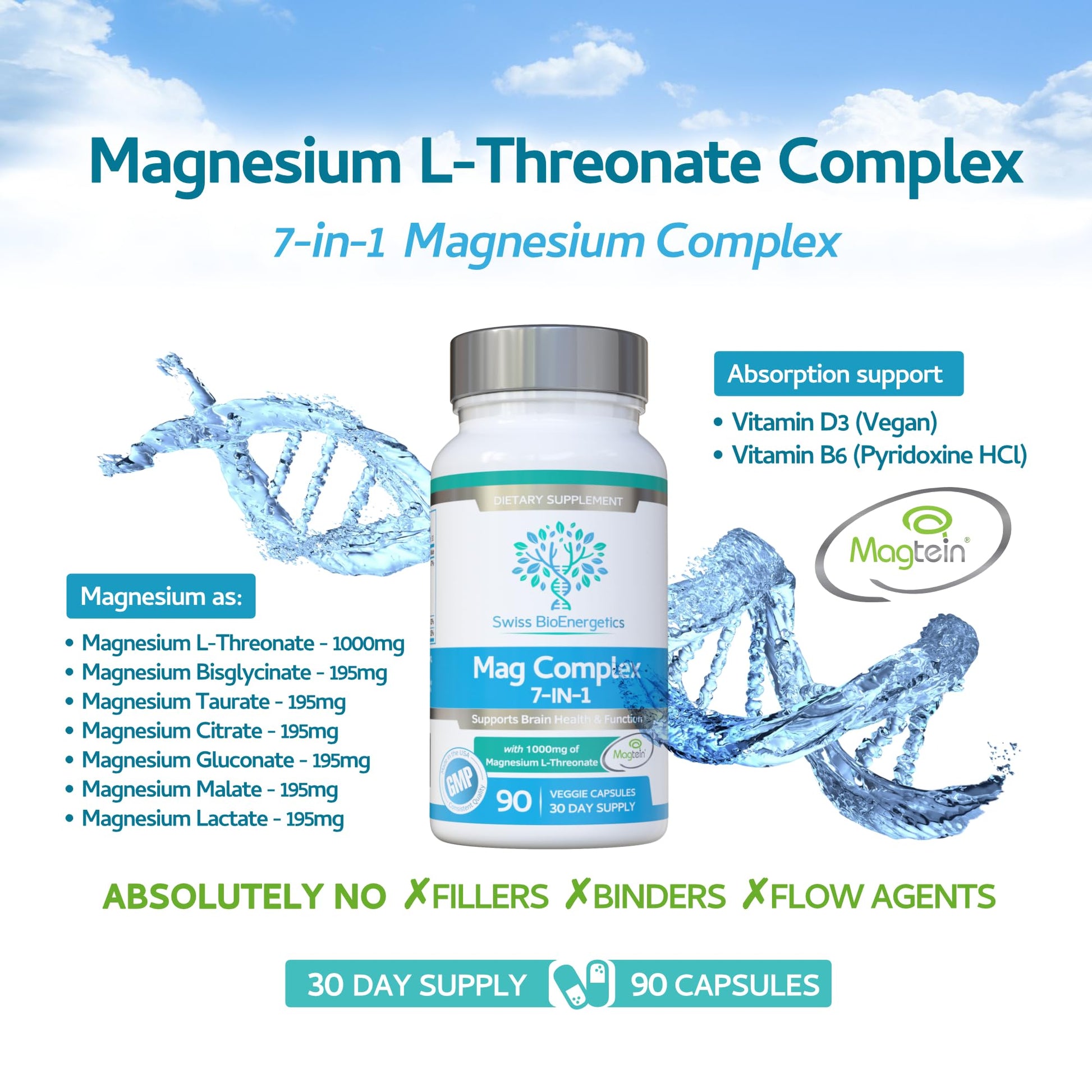 Magnesium L-Threonate Complex 7-in-1 with 1000mg of Magtein Plus Magnesium as Bisglycinate, Taurate, Citrate, Gluconate, Malate & Lactate - Supports Sleep - Vegan, US Made and No Artificial Nasties - dailyvitalstore