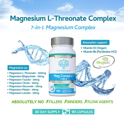 Magnesium L-Threonate Complex 7-in-1 with 1000mg of Magtein Plus Magnesium as Bisglycinate, Taurate, Citrate, Gluconate, Malate & Lactate - Supports Sleep - Vegan, US Made and No Artificial Nasties - dailyvitalstore
