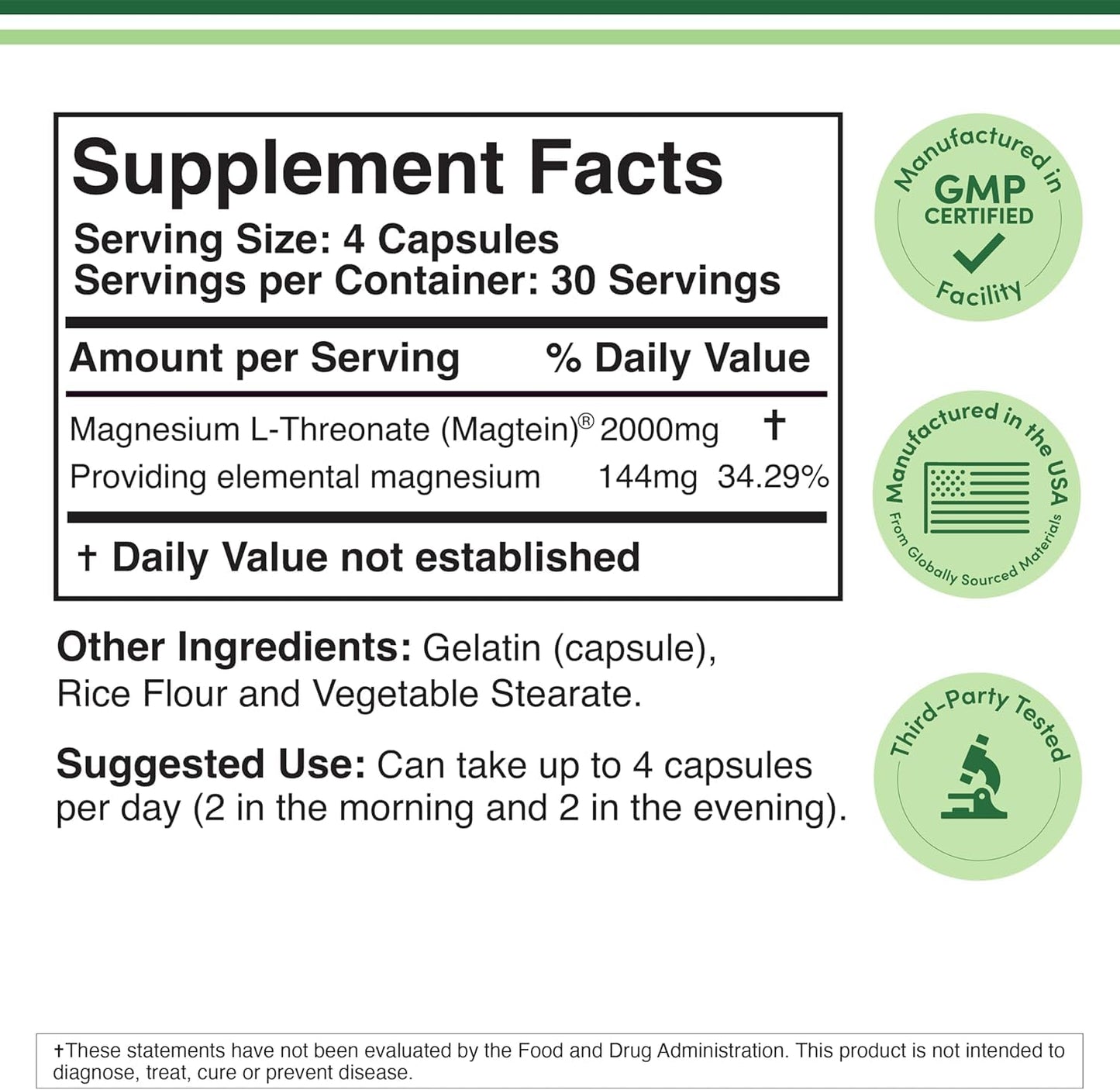 Magnesium L Threonate, Magtein, Sleep and Cognitive Support – High Absorption – Most Bioavailable Form of Magnesium – 2,000 mg – 120 Capsules - dailyvitalstore