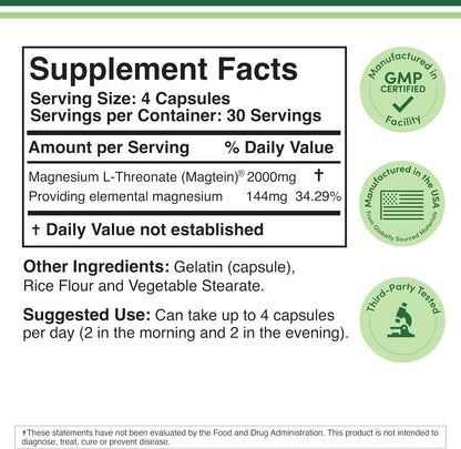Magnesium L Threonate, Magtein, Sleep and Cognitive Support – High Absorption – Most Bioavailable Form of Magnesium – 2,000 mg – 120 Capsules - dailyvitalstore