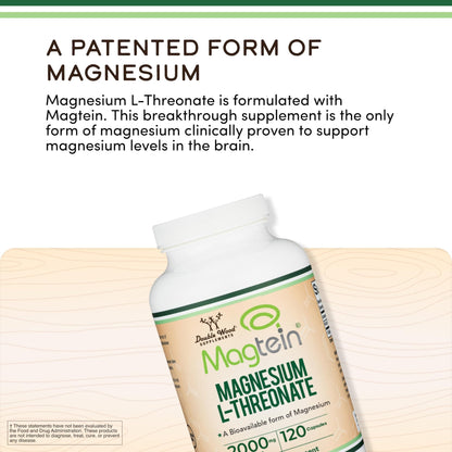 Magnesium L Threonate, Magtein, Sleep and Cognitive Support – High Absorption – Most Bioavailable Form of Magnesium – 2,000 mg – 120 Capsules - dailyvitalstore