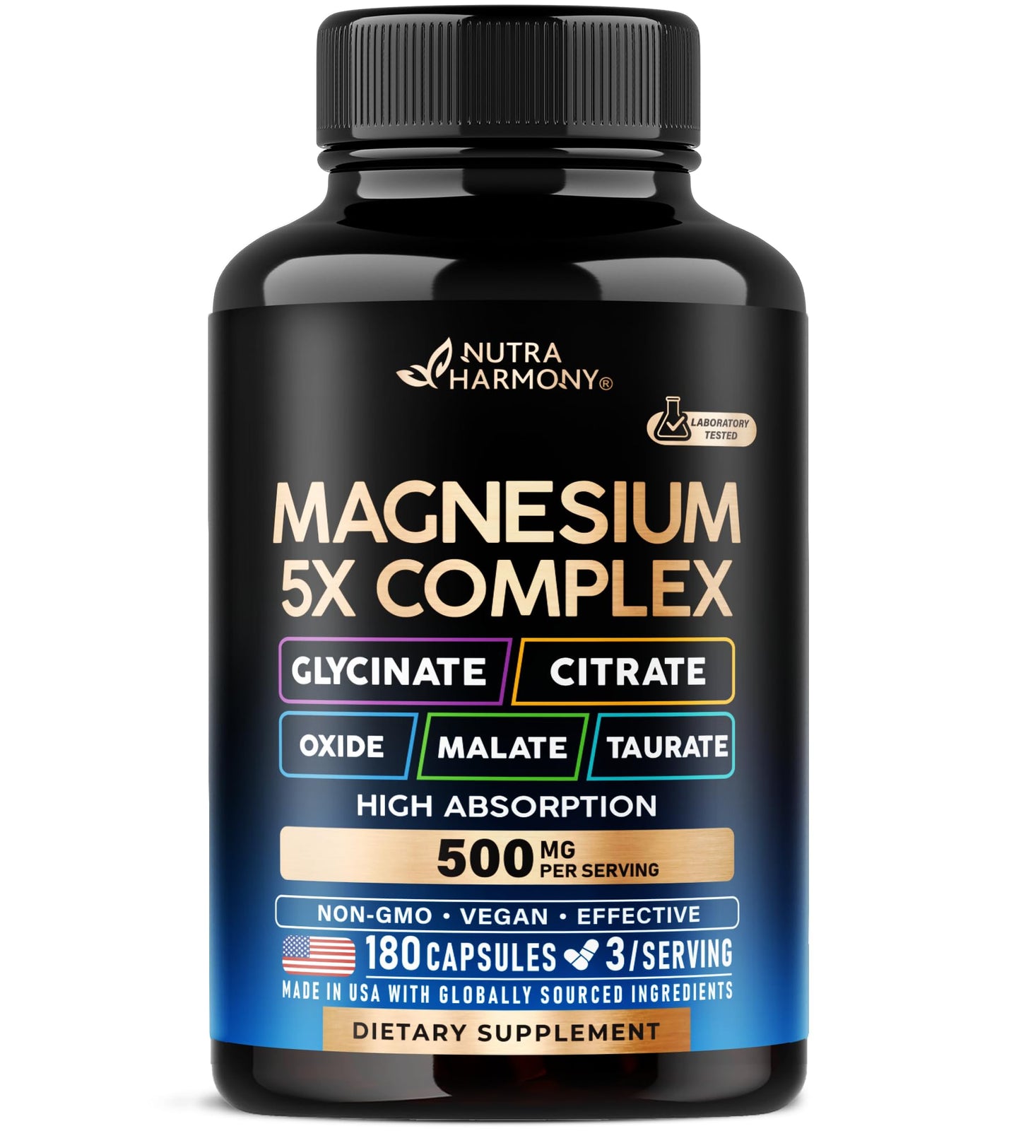Magnesium Supplement - 5 in 1 Complex | Glycinate | Citrate | Malate | Taurate | Oxide - Made in USA - Stress, Muscle & Heart Support - Vegan, Natural, Non-GMO - 180 Capsules, 2 Month Supply - dailyvitalstore