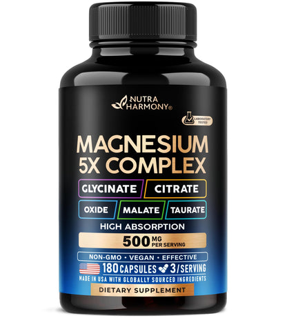 Magnesium Supplement - 5 in 1 Complex | Glycinate | Citrate | Malate | Taurate | Oxide - Made in USA - Stress, Muscle & Heart Support - Vegan, Natural, Non-GMO - 180 Capsules, 2 Month Supply - dailyvitalstore