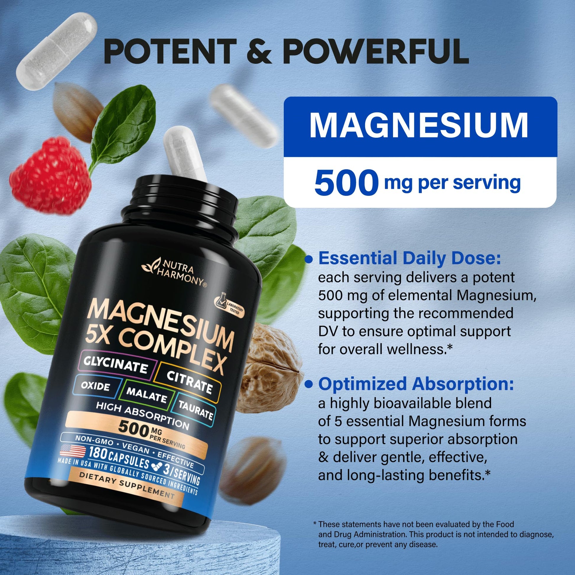 Magnesium Supplement - 5 in 1 Complex | Glycinate | Citrate | Malate | Taurate | Oxide - Made in USA - Stress, Muscle & Heart Support - Vegan, Natural, Non-GMO - 180 Capsules, 2 Month Supply - dailyvitalstore