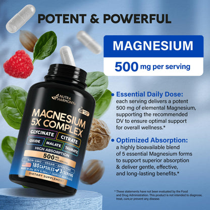 Magnesium Supplement - 5 in 1 Complex | Glycinate | Citrate | Malate | Taurate | Oxide - Made in USA - Stress, Muscle & Heart Support - Vegan, Natural, Non-GMO - 180 Capsules, 2 Month Supply - dailyvitalstore
