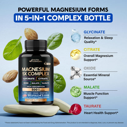 Magnesium Supplement - 5 in 1 Complex | Glycinate | Citrate | Malate | Taurate | Oxide - Made in USA - Stress, Muscle & Heart Support - Vegan, Natural, Non-GMO - 180 Capsules, 2 Month Supply - dailyvitalstore