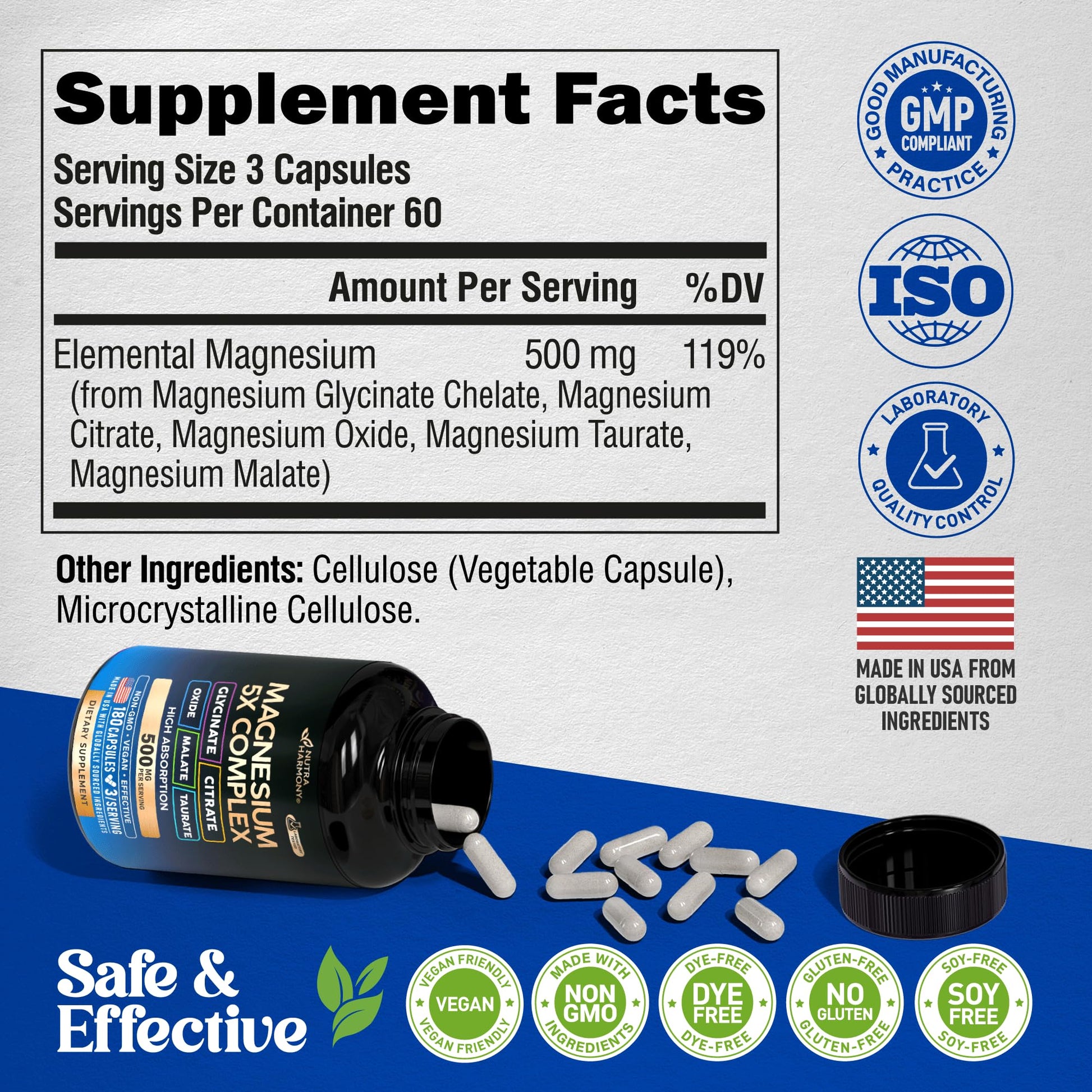 Magnesium Supplement - 5 in 1 Complex | Glycinate | Citrate | Malate | Taurate | Oxide - Made in USA - Stress, Muscle & Heart Support - Vegan, Natural, Non-GMO - 180 Capsules, 2 Month Supply - dailyvitalstore