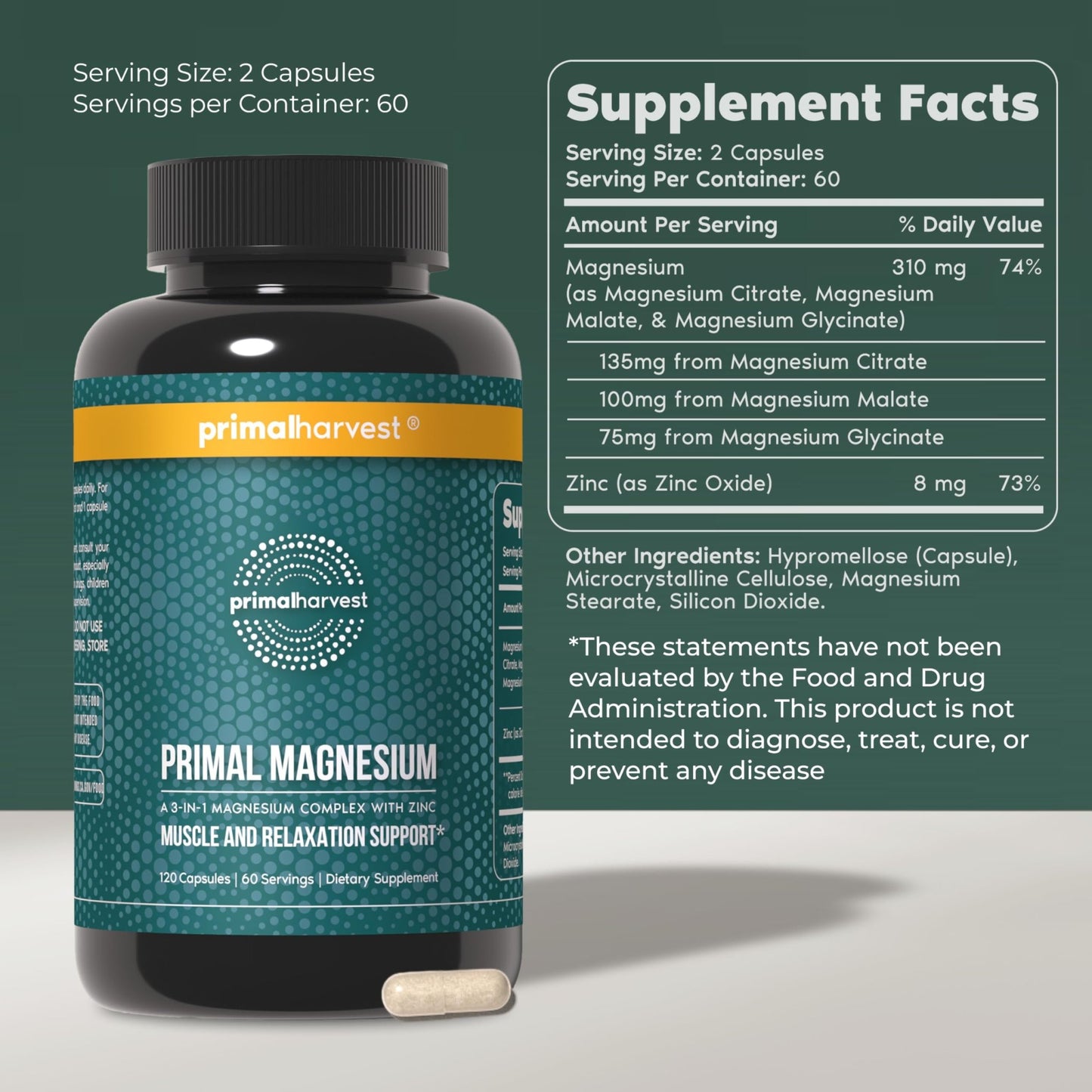 Magnesium Supplement Complex 310mg by Primal Harvest with Magnesium Glycinate, Citrate, Malate, and Zinc 120 Capsules - dailyvitalstore