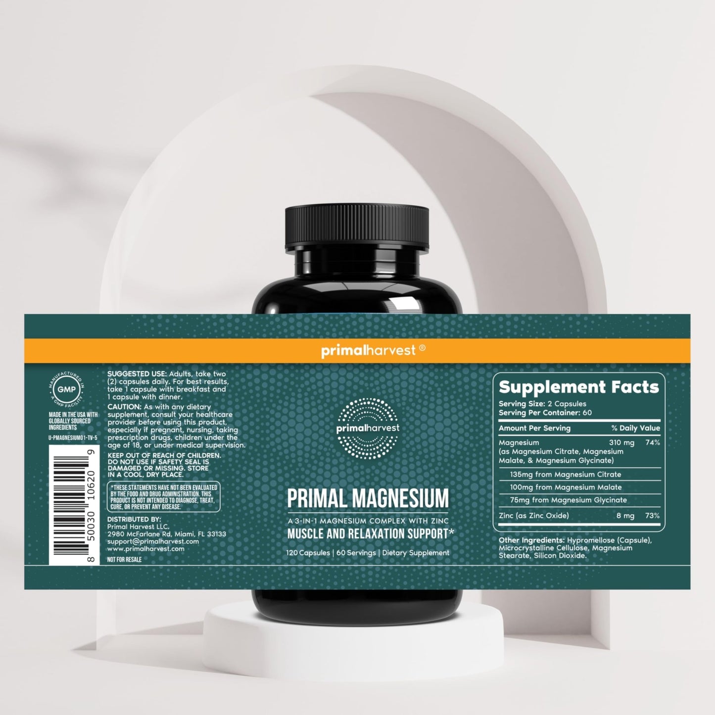 Magnesium Supplement Complex 310mg by Primal Harvest with Magnesium Glycinate, Citrate, Malate, and Zinc 120 Capsules - dailyvitalstore