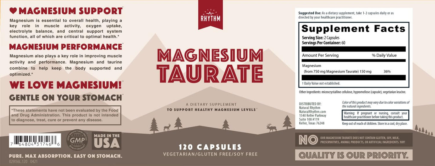 Magnesium Taurate 750mg (150mg Elemental Magnesium) – 120 Vegetarian Capsules – High-Absorption Magnesium Taurate Supplement for Heart, Muscle, and Nerve Support - dailyvitalstore