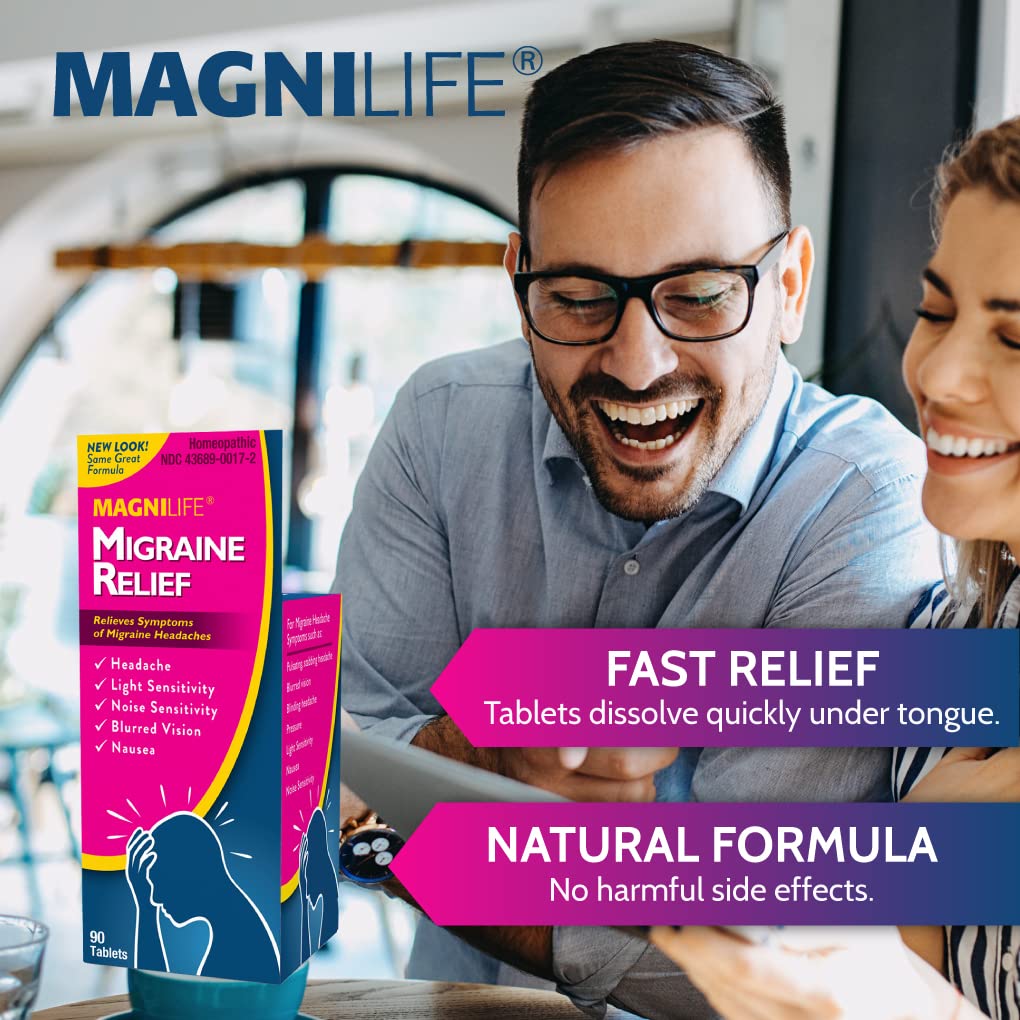 MagniLife Migraine Relief, Non-Habit Forming, 90 Homeopathic Tablets, Migraine Medicine for Light & Sound Sensitivity, Nausea, Blurred Vision & Pressure, Quick-Dissolve Headache Pain Relief - dailyvitalstore