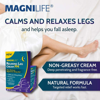 MagniLife Relaxing Leg Cream PM, 4 Oz, Homeopathic Nighttime Pain Reliever & Sleep Aid with Lavender & Magnesium, Non-Greasy Deep Penetrating Cream for Restless Legs & Discomfort - dailyvitalstore