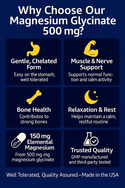 Magno-Humphries Magnesium Glycinate 500 mg - 100 Capsules | Gentle Chelated Form | Muscle, Nerve & Bone Support | Dietary Supplement | GMP Manufactured in The USA - dailyvitalstore