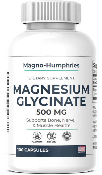 Magno-Humphries Magnesium Glycinate 500 mg - 100 Capsules | Gentle Chelated Form | Muscle, Nerve & Bone Support | Dietary Supplement | GMP Manufactured in The USA - dailyvitalstore