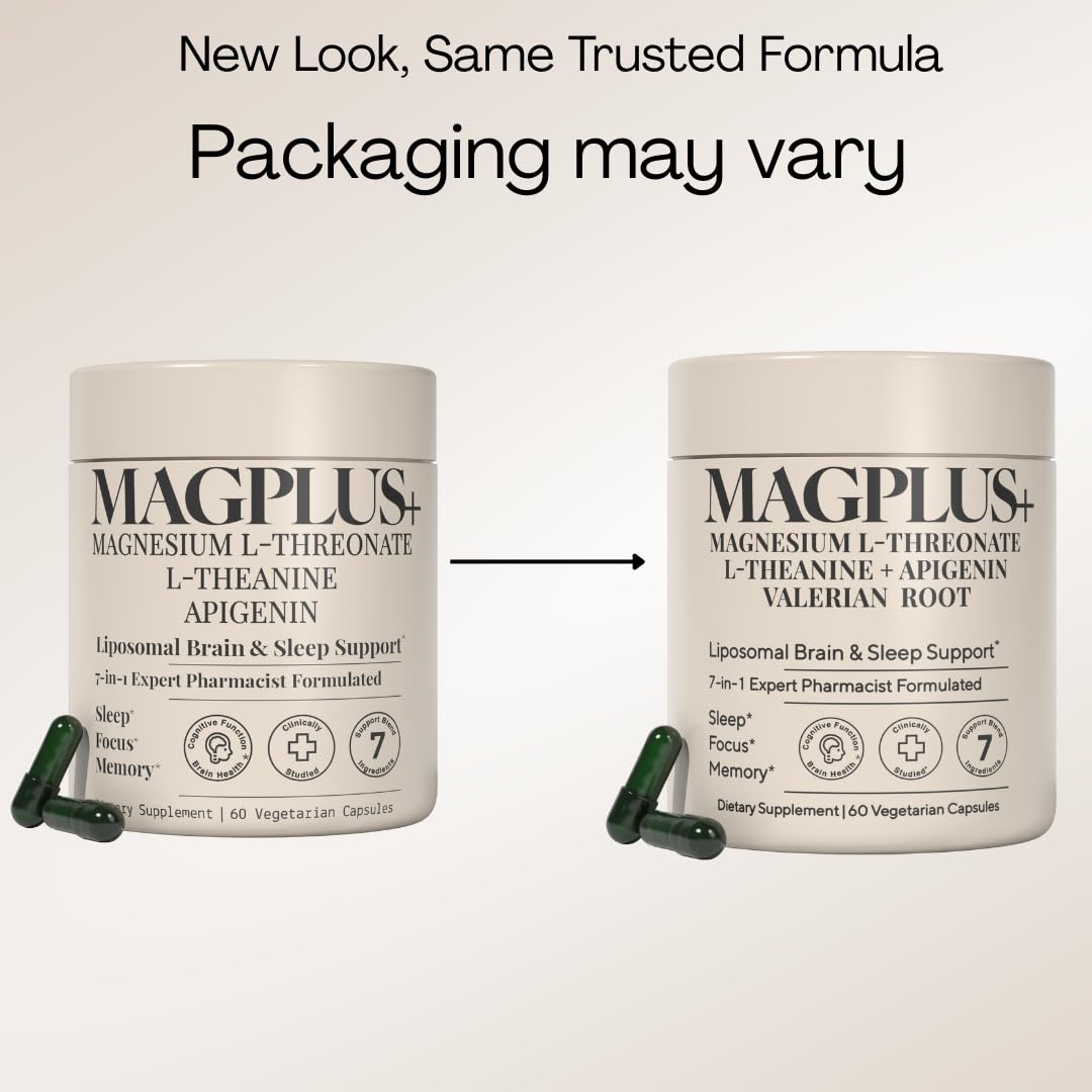 MAGPLUS+ Magnesium L-Threonate w Apigenin & L Theanine | 7-Ingredient Sleep Blend | Brain, Memory, & Sleep Support | Liposomal Magnesium Threonate Supplement (60 Capsules) - dailyvitalstore