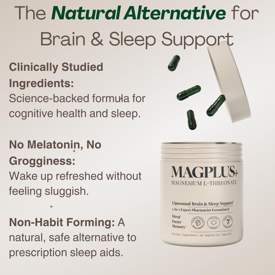 MAGPLUS+ Magnesium L-Threonate w Apigenin & L Theanine | 7-Ingredient Sleep Blend | Brain, Memory, & Sleep Support | Liposomal Magnesium Threonate Supplement (60 Capsules) - dailyvitalstore