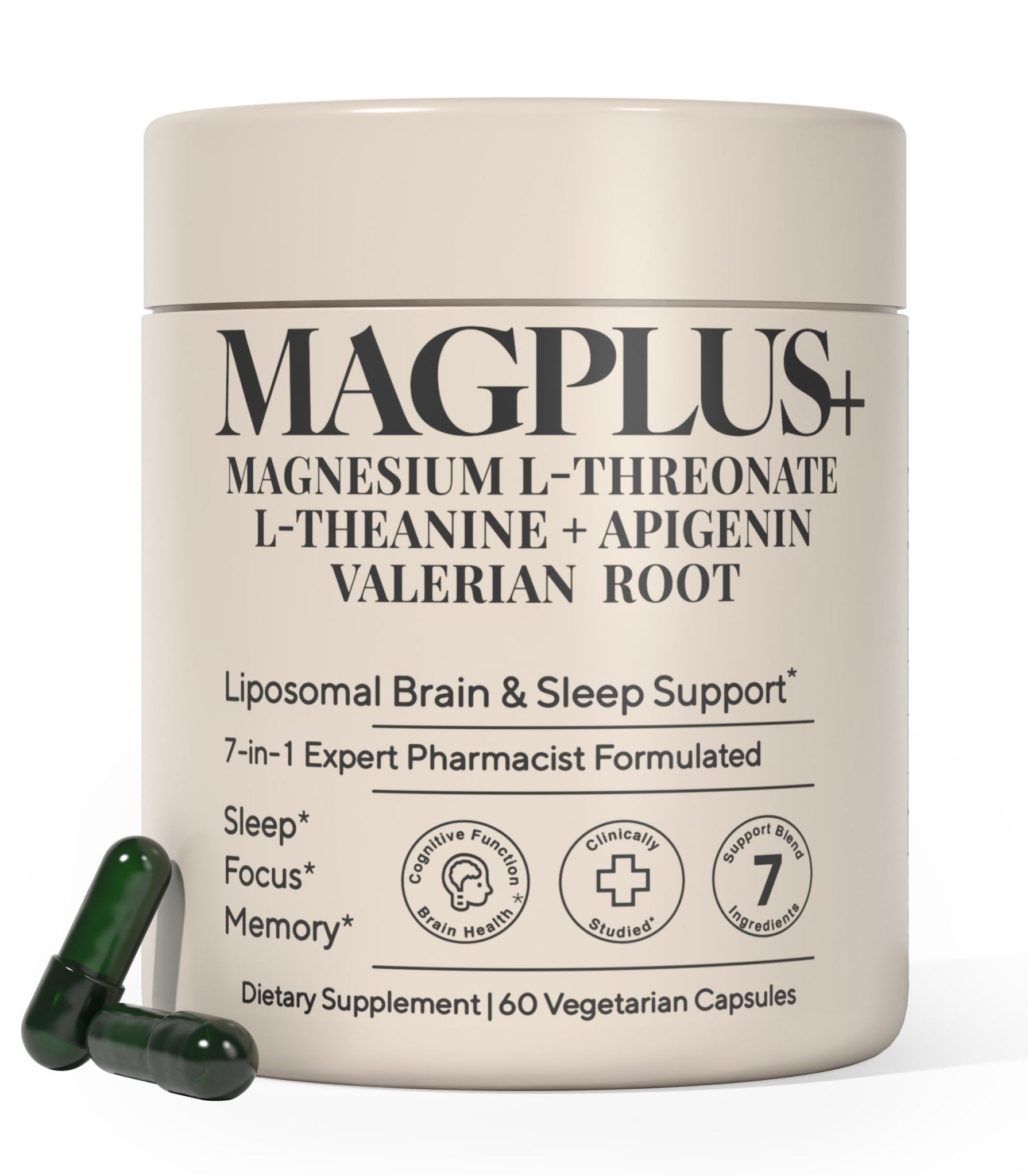 MAGPLUS+ Magnesium L-Threonate w Apigenin & L Theanine | 7-Ingredient Sleep Blend | Brain, Memory, & Sleep Support | Liposomal Magnesium Threonate Supplement (60 Capsules) - dailyvitalstore