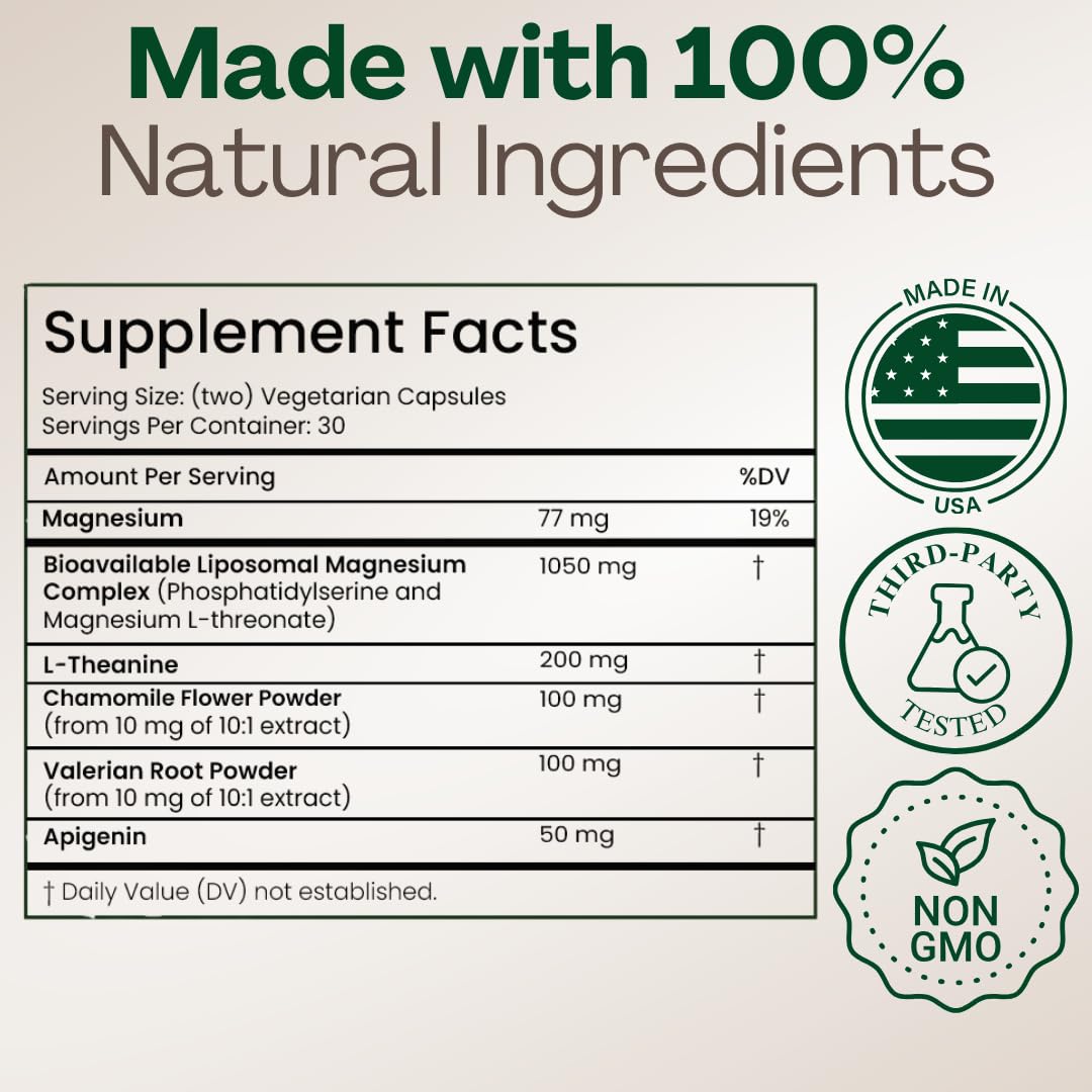 MAGPLUS+ Magnesium L-Threonate w Apigenin & L Theanine | 7-Ingredient Sleep Blend | Brain, Memory, & Sleep Support | Liposomal Magnesium Threonate Supplement (60 Capsules) - dailyvitalstore