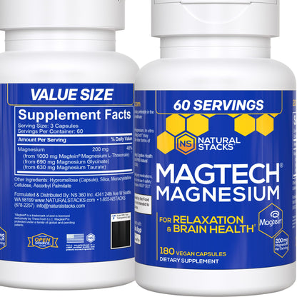 MagTech Magnesium Supplement - 3 Forms of Magnesium: Magtein L-Threonate, Glycinate & Taurate - 200mg Chelated Magnesium Complex - dailyvitalstore