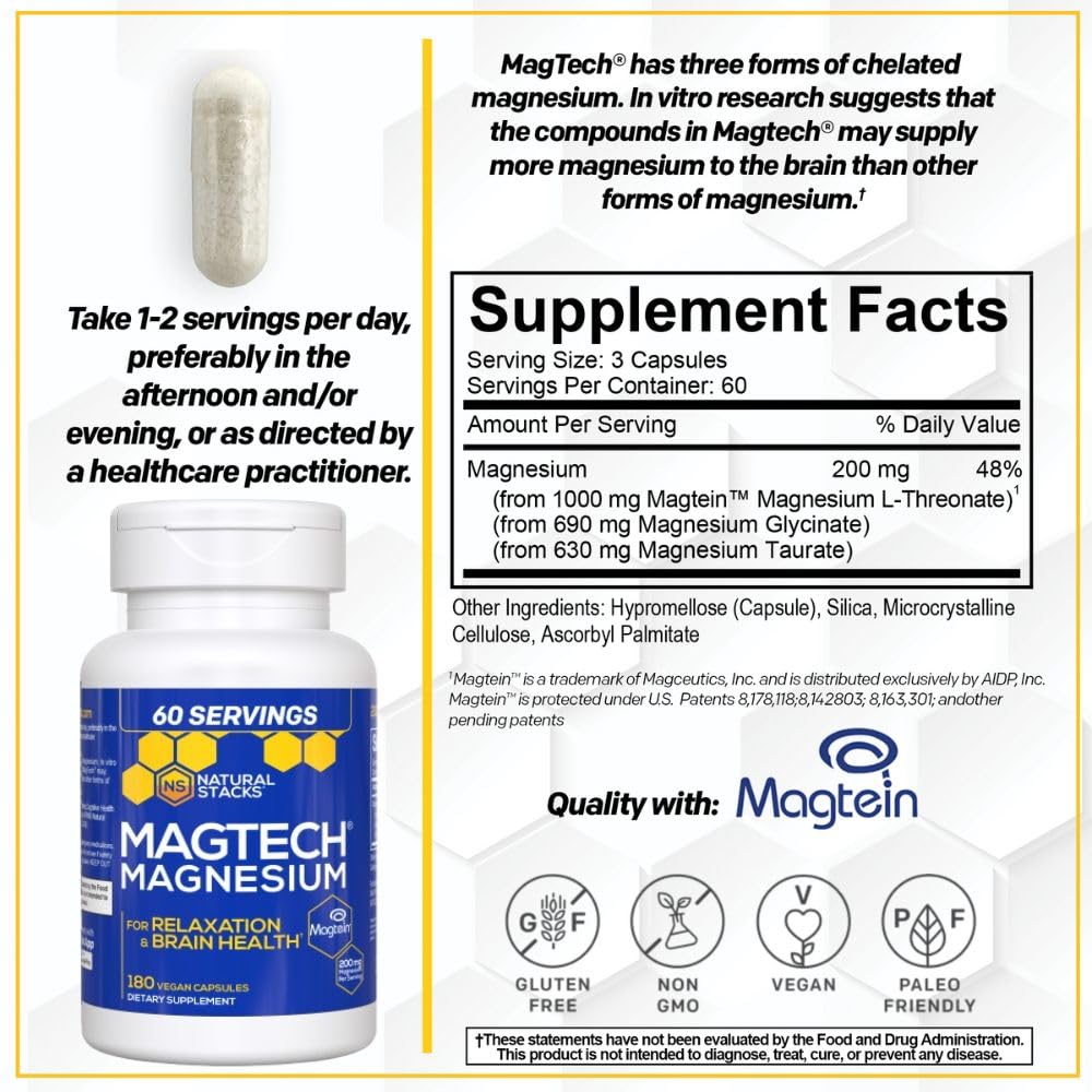 MagTech Magnesium Supplement - 3 Forms of Magnesium: Magtein L-Threonate, Glycinate & Taurate - 200mg Chelated Magnesium Complex - dailyvitalstore