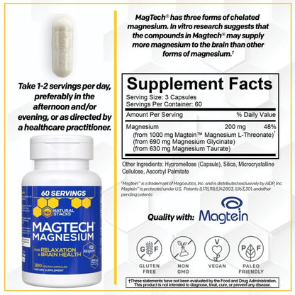 MagTech Magnesium Supplement - 3 Forms of Magnesium: Magtein L-Threonate, Glycinate & Taurate - 200mg Chelated Magnesium Complex - dailyvitalstore