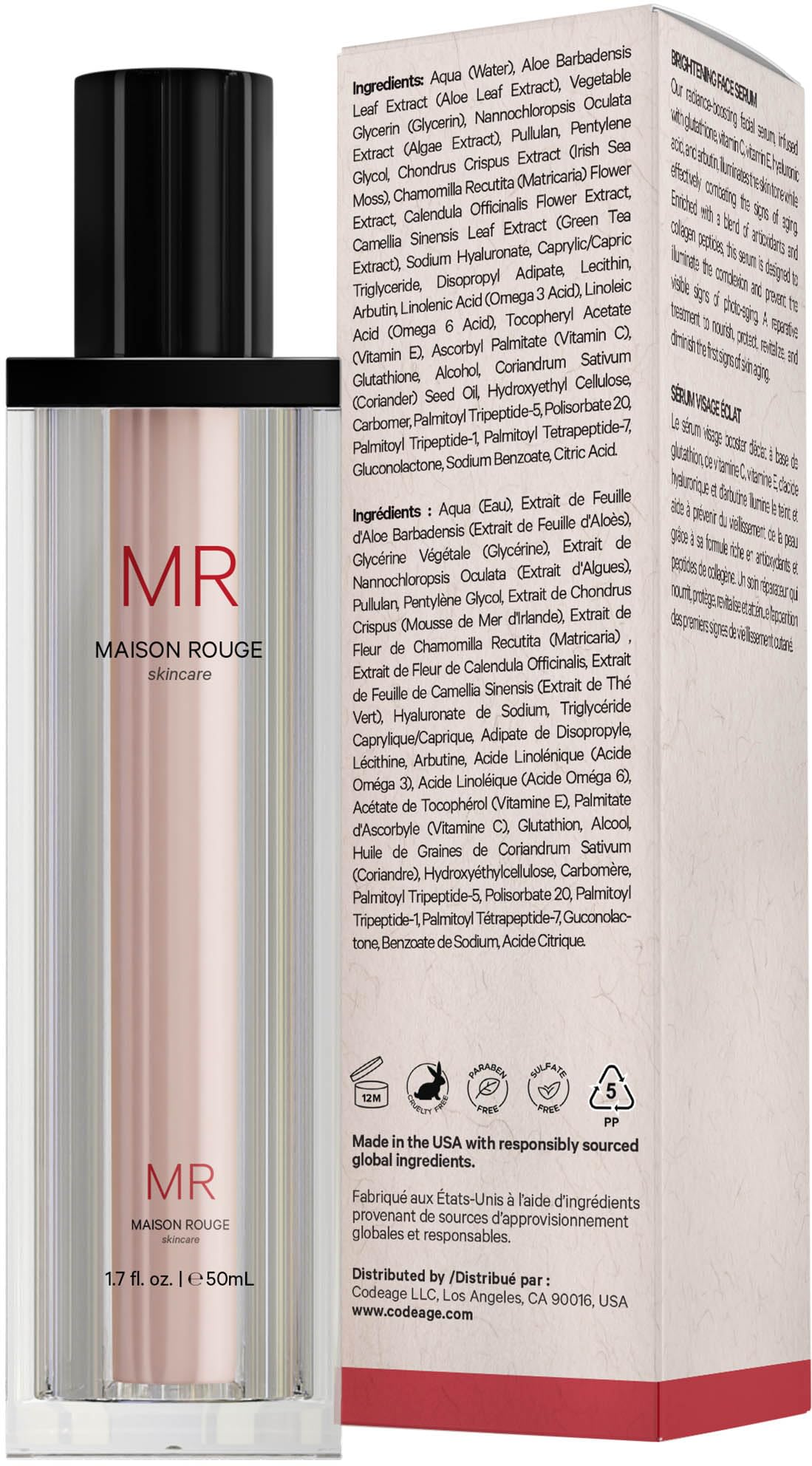 Maison Rouge Brightening Face Serum by Codeage - Glutathione Serum, Vitamin C, E, Hyaluronic Acid, Collagen - Radiance Enhancing - Parabens and Sulfates-Free - Refillable - All Skin Types - 1.7 fl oz - dailyvitalstore