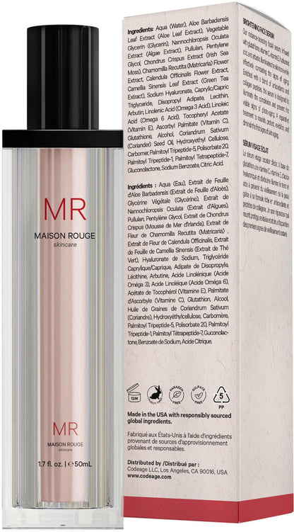 Maison Rouge Brightening Face Serum by Codeage - Glutathione Serum, Vitamin C, E, Hyaluronic Acid, Collagen - Radiance Enhancing - Parabens and Sulfates-Free - Refillable - All Skin Types - 1.7 fl oz - dailyvitalstore