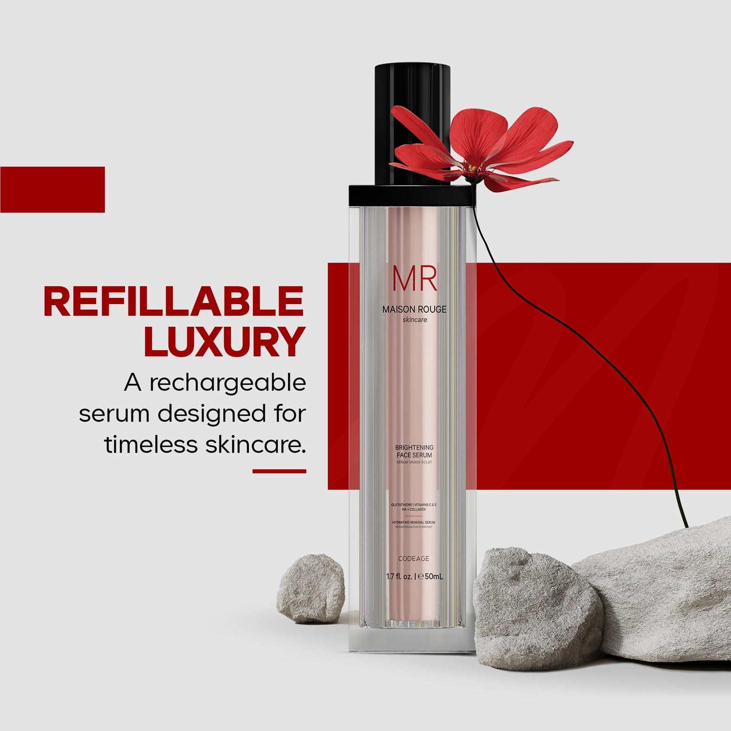 Maison Rouge Brightening Face Serum by Codeage - Glutathione Serum, Vitamin C, E, Hyaluronic Acid, Collagen - Radiance Enhancing - Parabens and Sulfates-Free - Refillable - All Skin Types - 1.7 fl oz - dailyvitalstore