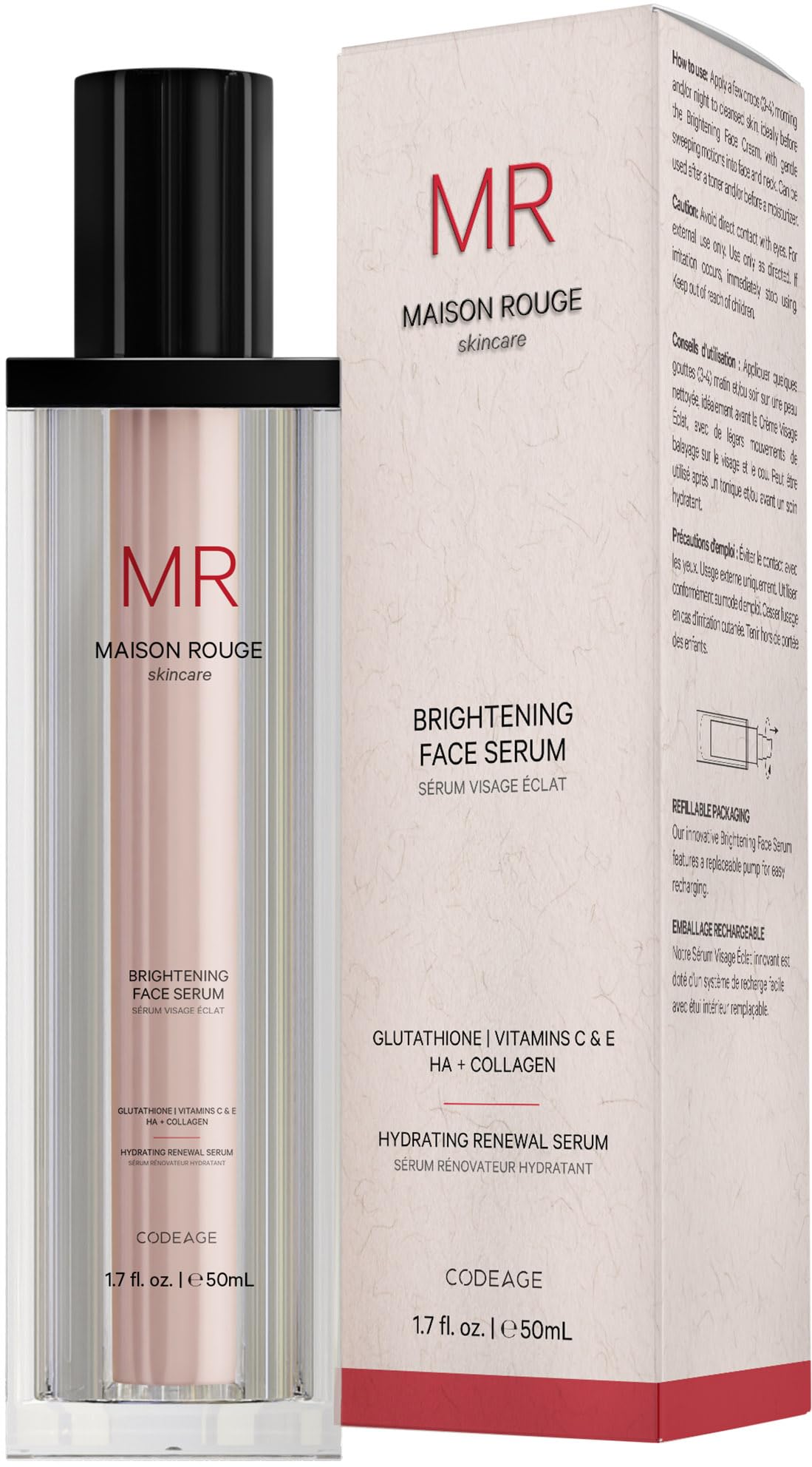 Maison Rouge Brightening Face Serum by Codeage - Glutathione Serum, Vitamin C, E, Hyaluronic Acid, Collagen - Radiance Enhancing - Parabens and Sulfates-Free - Refillable - All Skin Types - 1.7 fl oz - dailyvitalstore