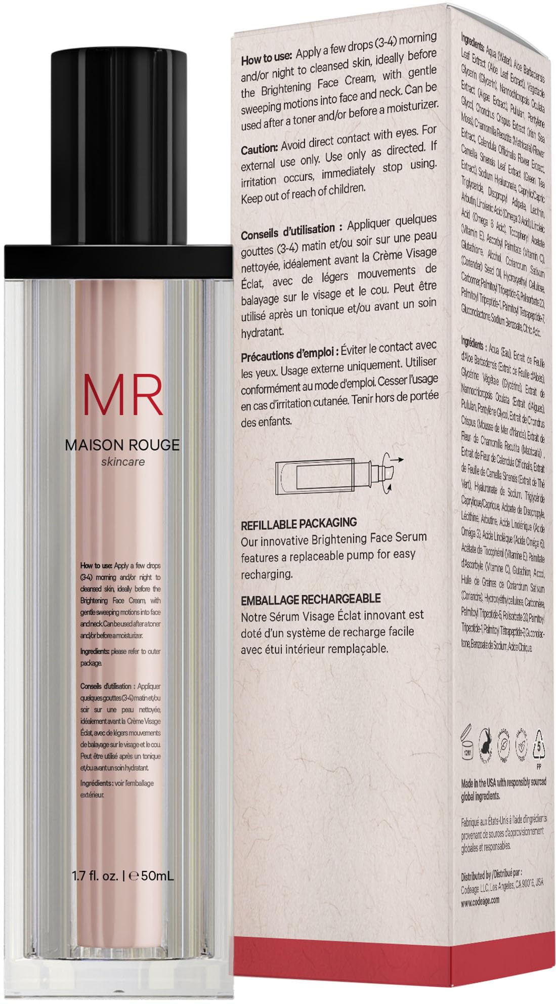 Maison Rouge Brightening Face Serum by Codeage - Glutathione Serum, Vitamin C, E, Hyaluronic Acid, Collagen - Radiance Enhancing - Parabens and Sulfates-Free - Refillable - All Skin Types - 1.7 fl oz - dailyvitalstore