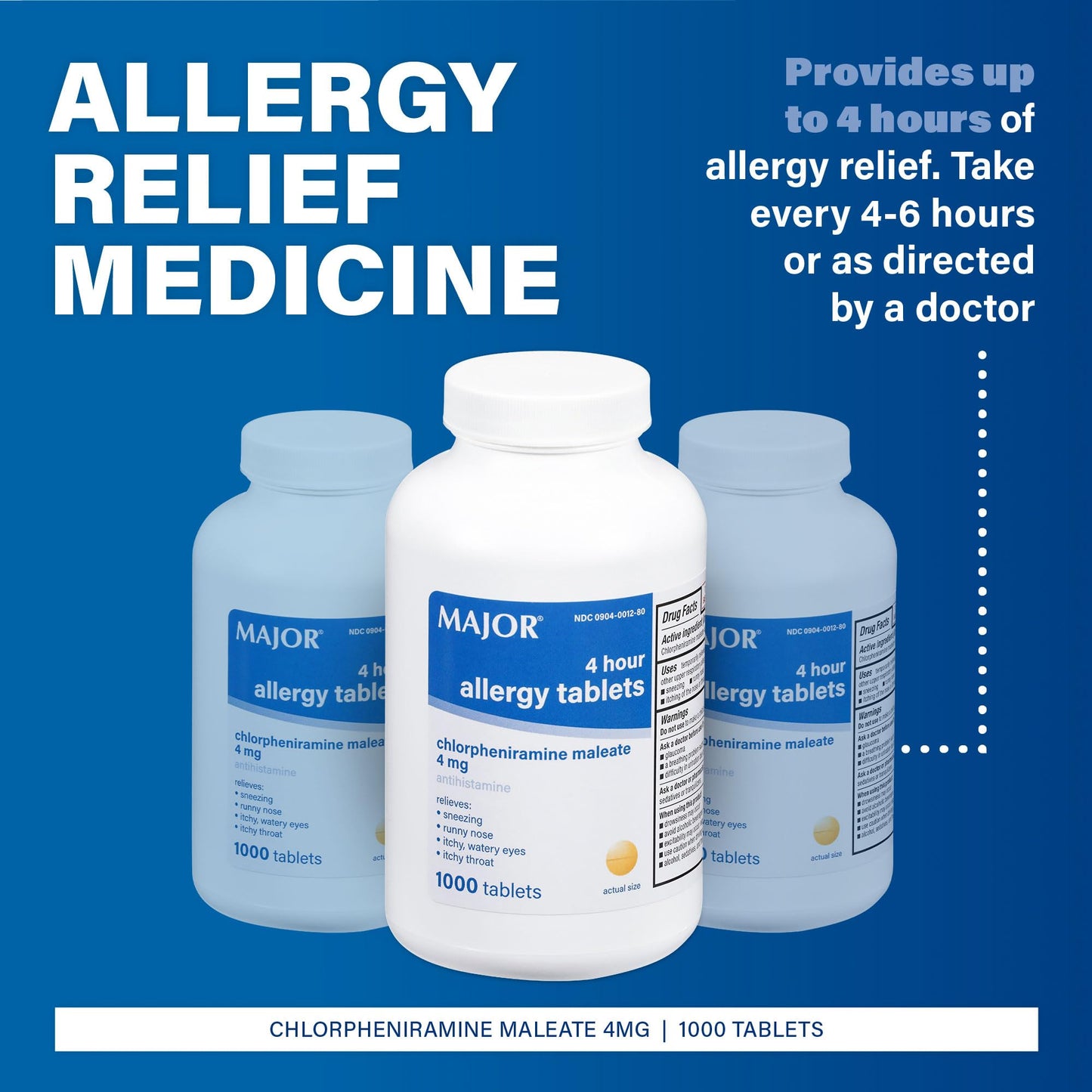 MAJOR 4 Hour Allergy Tablets - Chlorpheniramine Maleate - 4 mg - Antihistamine - 1000 Count (1 Pack) - dailyvitalstore