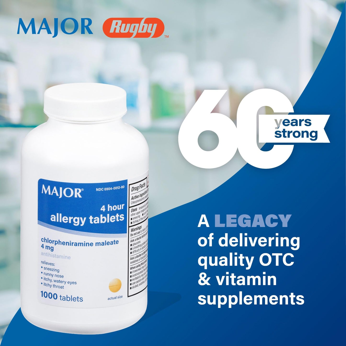 MAJOR 4 Hour Allergy Tablets - Chlorpheniramine Maleate - 4 mg - Antihistamine - 1000 Count (1 Pack) - dailyvitalstore