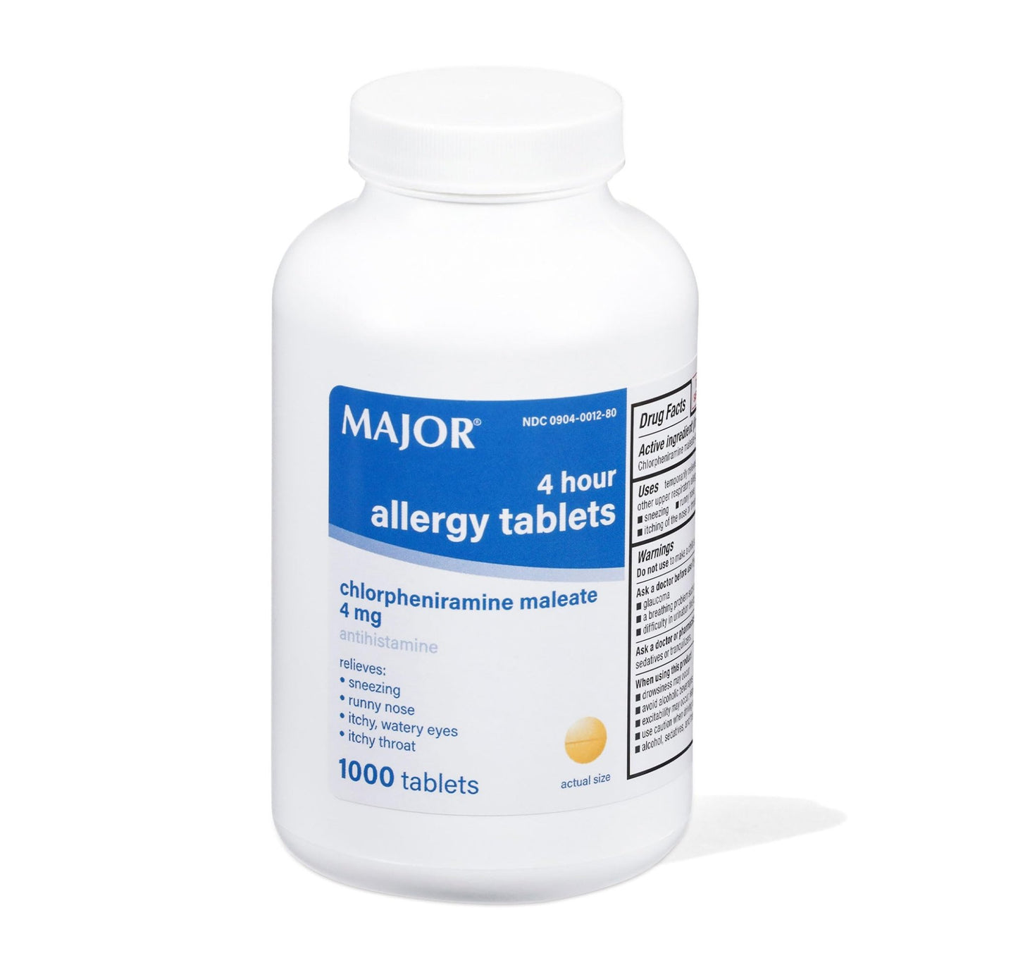 MAJOR 4 Hour Allergy Tablets - Chlorpheniramine Maleate - 4 mg - Antihistamine - 1000 Count (1 Pack) - dailyvitalstore