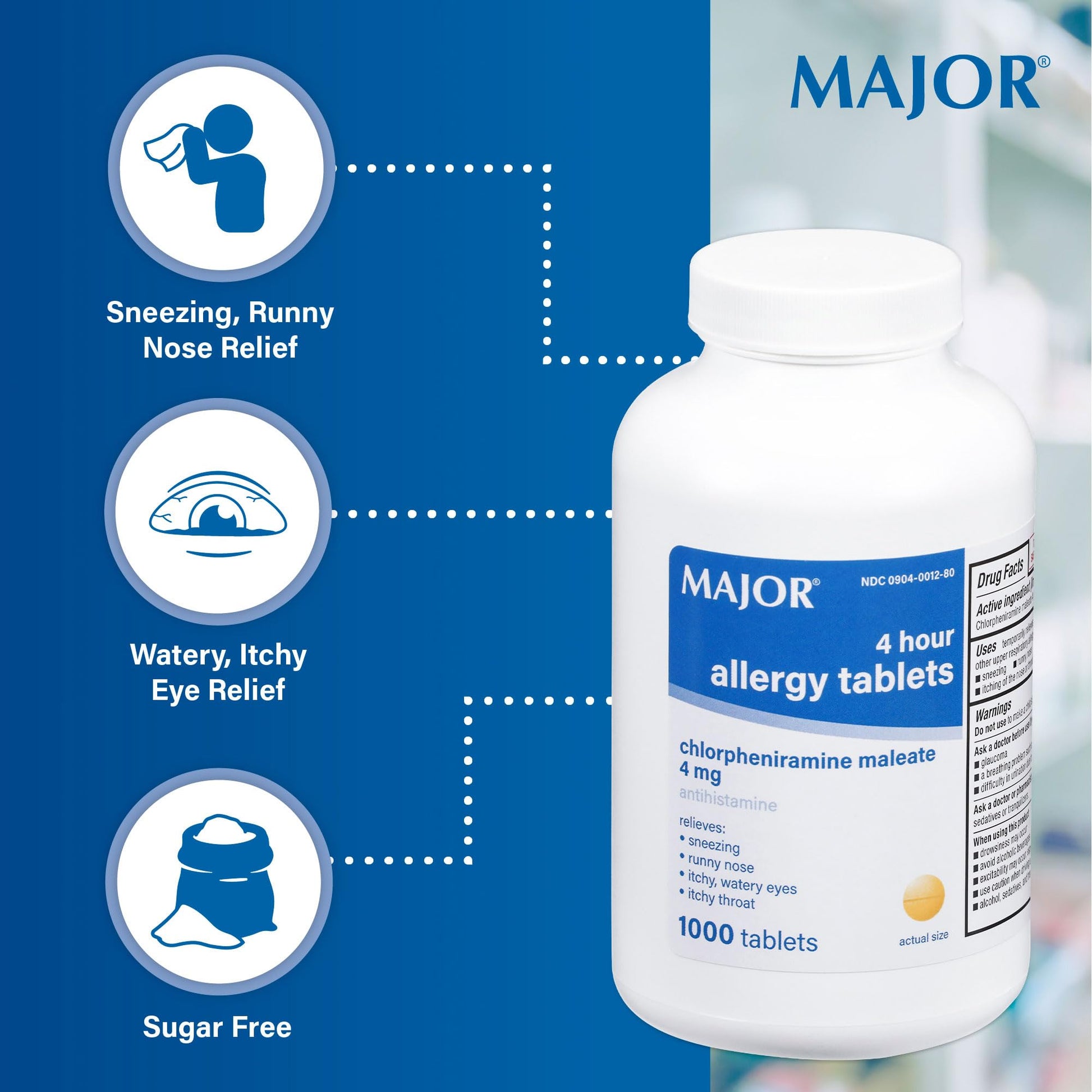 MAJOR 4 Hour Allergy Tablets - Chlorpheniramine Maleate - 4 mg - Antihistamine - 1000 Count (1 Pack) - dailyvitalstore