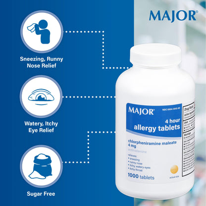 MAJOR 4 Hour Allergy Tablets - Chlorpheniramine Maleate - 4 mg - Antihistamine - 1000 Count (1 Pack) - dailyvitalstore
