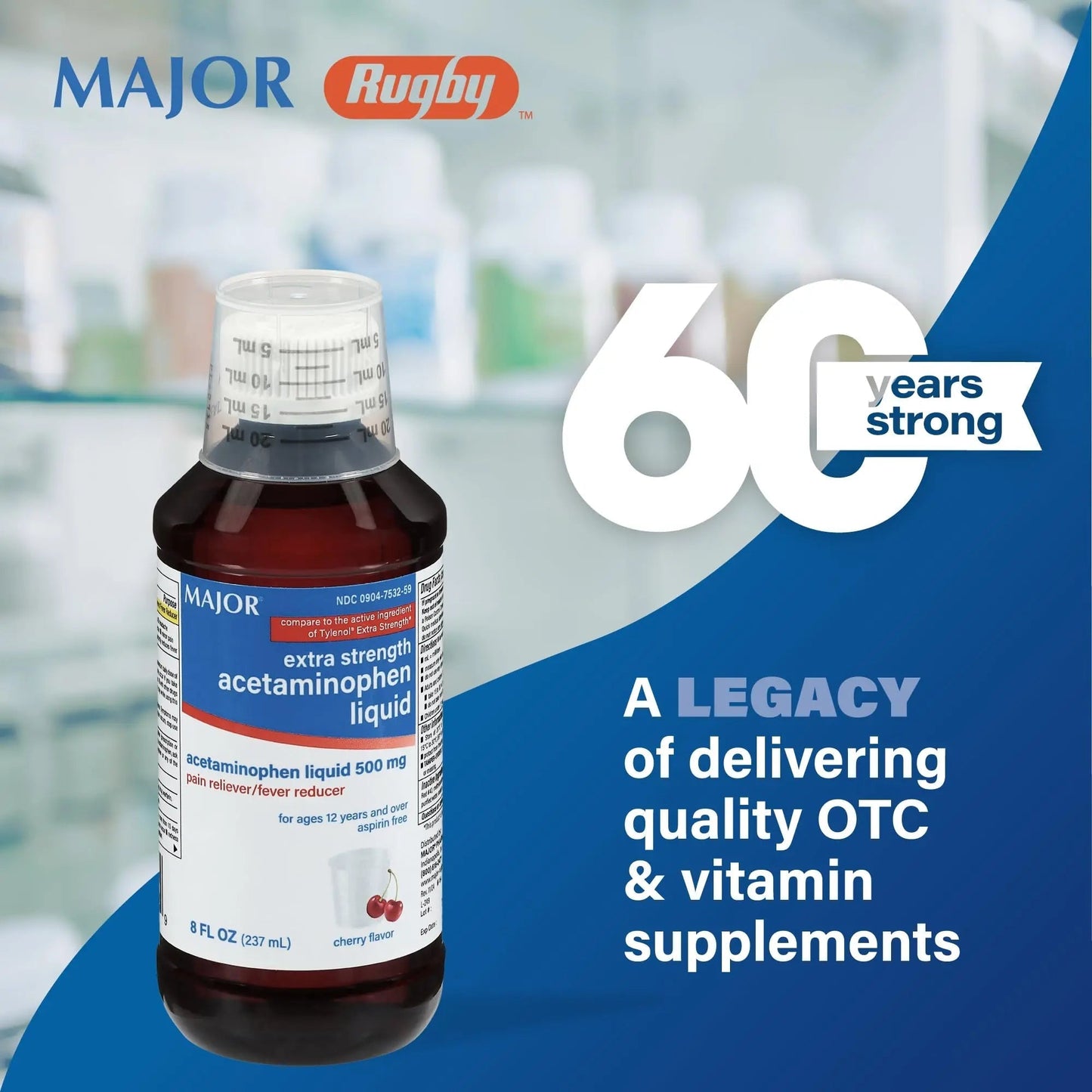 MAJOR Adult Extra Strength Liquid Acetaminophen 500mg - Helps Relieve Pain and Reduce Fevers - Aspirin Free - Cherry Flavor - 8 Fl Oz (2 Pack) - dailyvitalstore