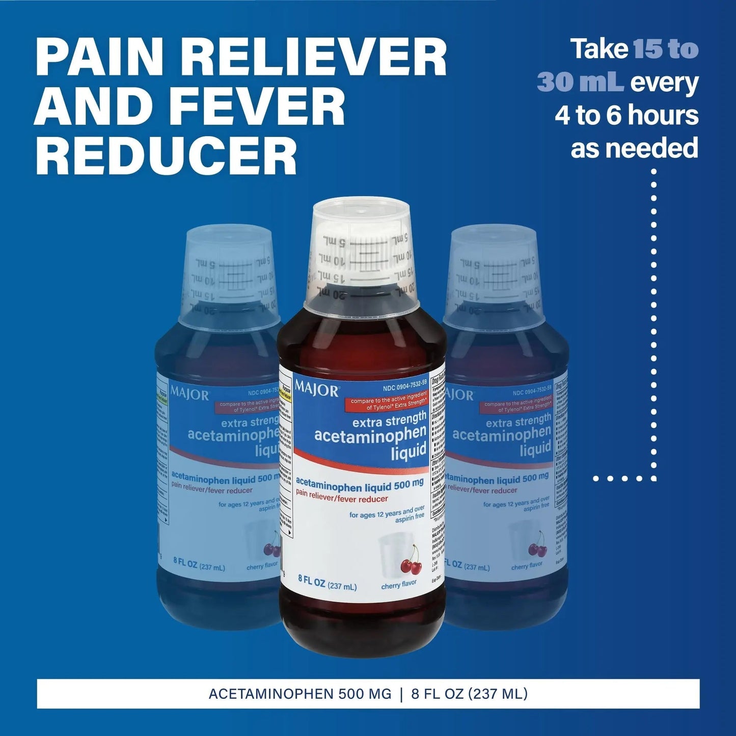 MAJOR Adult Extra Strength Liquid Acetaminophen 500mg - Helps Relieve Pain and Reduce Fevers - Aspirin Free - Cherry Flavor - 8 Fl Oz (2 Pack) - dailyvitalstore