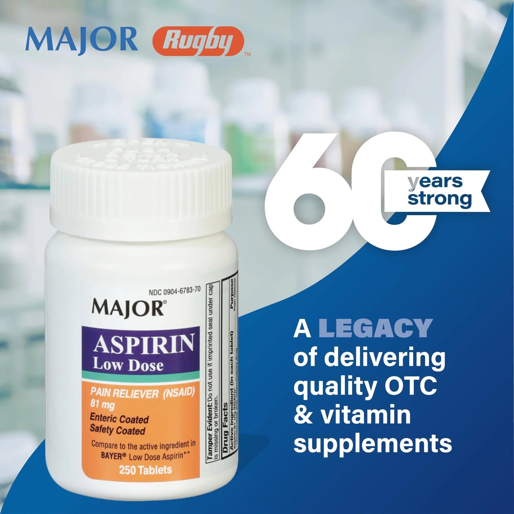 MAJOR Aspirin Low Dose 81 Mg - Pain Reliever (NSAID) - Enteric Coated - 250 Tablets - dailyvitalstore