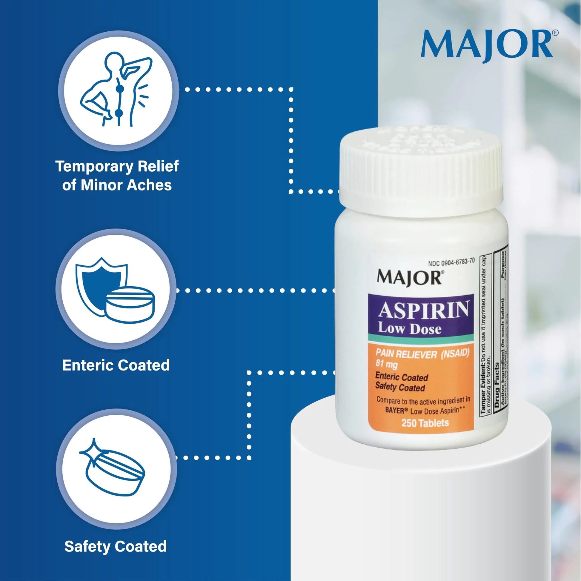 MAJOR Aspirin Low Dose 81 Mg - Pain Reliever (NSAID) - Enteric Coated - 250 Tablets - dailyvitalstore