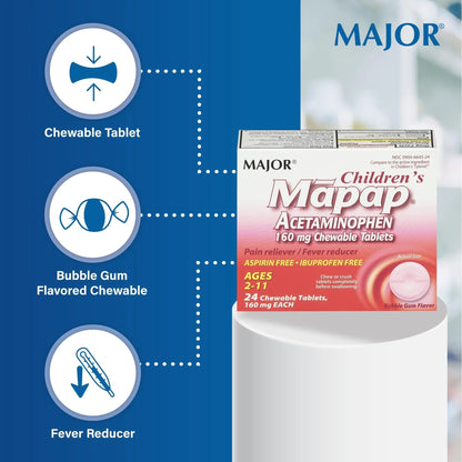 MAJOR Children’s Mapap Acetaminophen 160 mg Chewable Tablets - Pain Reliever/Fever Reducer - Aspirin Free - Ibuprofen Free - for Ages 2 to 11-24 Count (3 Pack) - dailyvitalstore