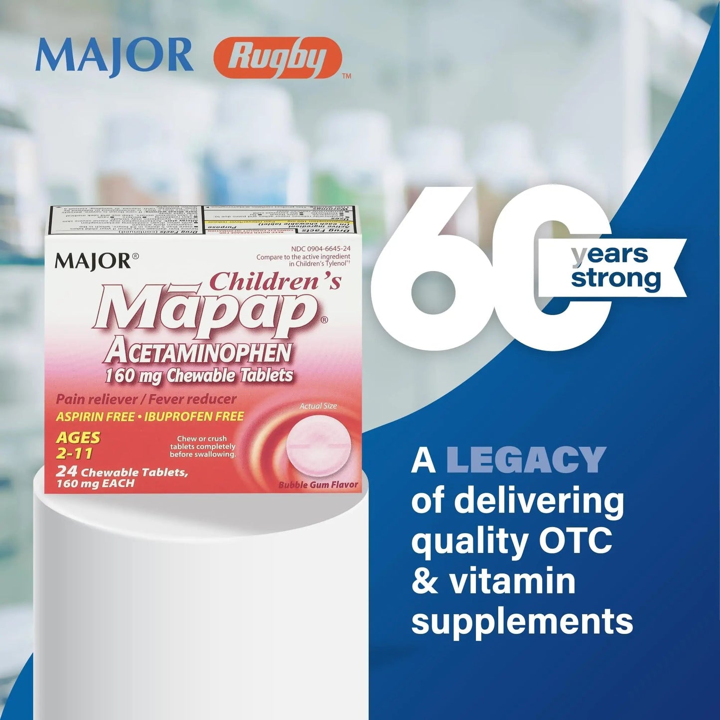 MAJOR Children’s Mapap Acetaminophen 160 mg Chewable Tablets - Pain Reliever/Fever Reducer - Aspirin Free - Ibuprofen Free - for Ages 2 to 11-24 Count (3 Pack) - dailyvitalstore