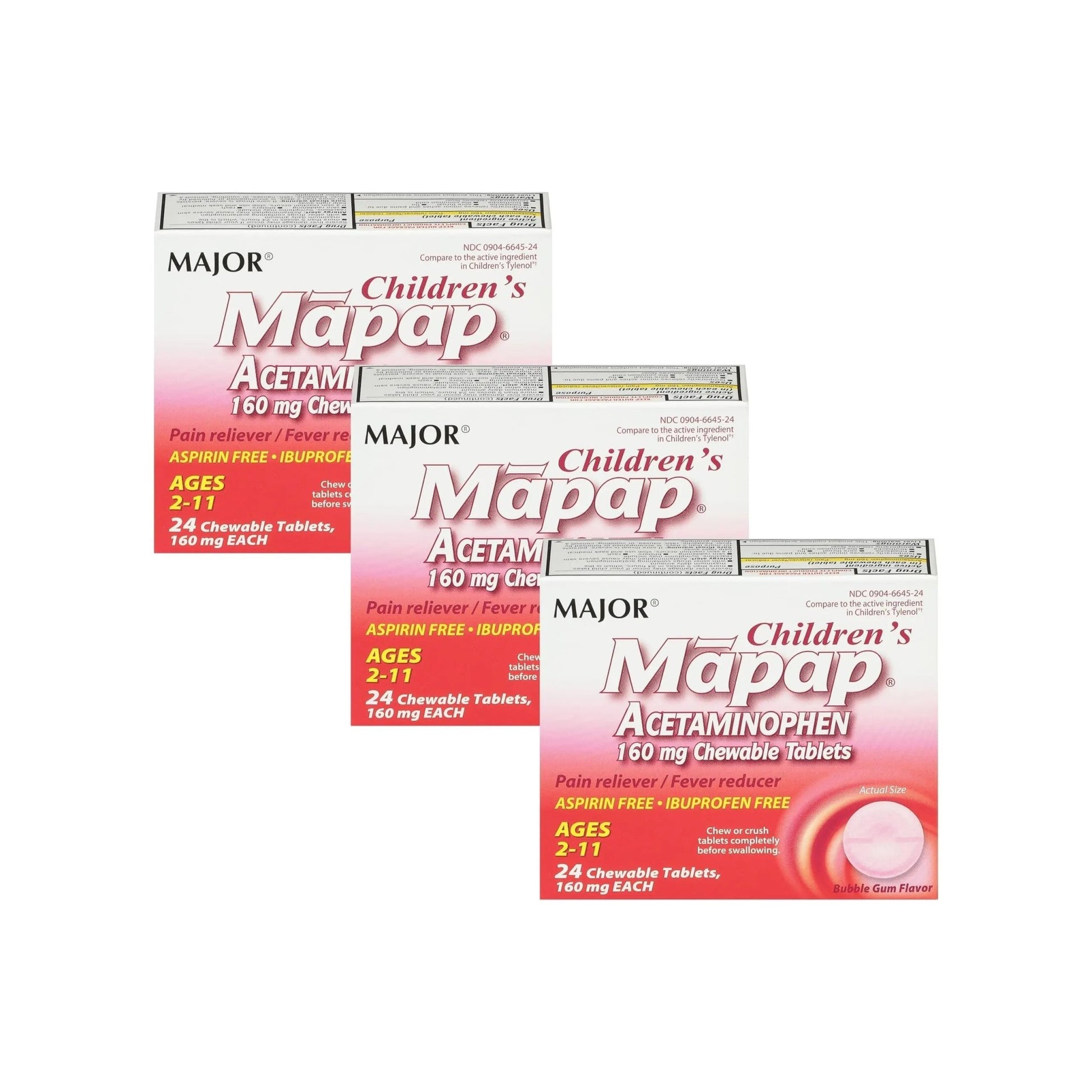 MAJOR Children’s Mapap Acetaminophen 160 mg Chewable Tablets - Pain Reliever/Fever Reducer - Aspirin Free - Ibuprofen Free - for Ages 2 to 11-24 Count (3 Pack) - dailyvitalstore