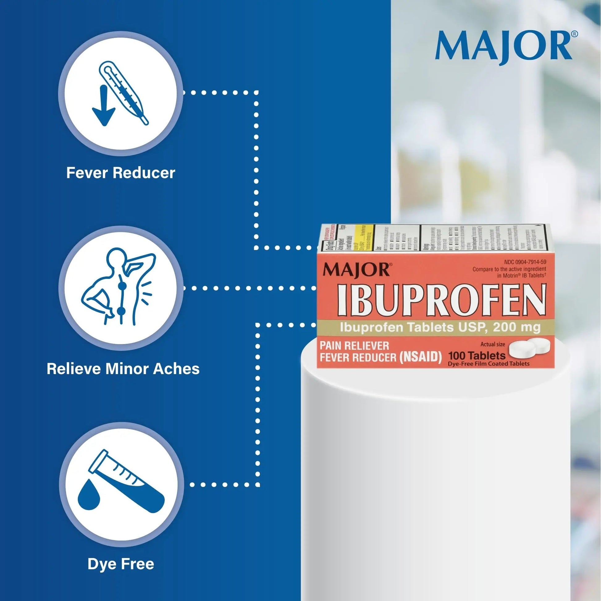 MAJOR Dye-Free Ibuprofen Tablets 200 mg - Helps Temporarily Reduce Fevers - Offers Pain Relief - 100 Tablets (1-Pack) - dailyvitalstore