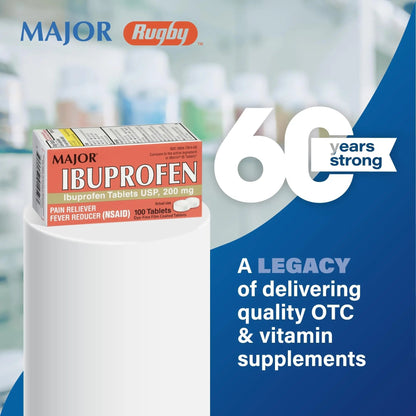 MAJOR Dye-Free Ibuprofen Tablets 200 mg - Helps Temporarily Reduce Fevers - Offers Pain Relief - 100 Tablets (1-Pack) - dailyvitalstore