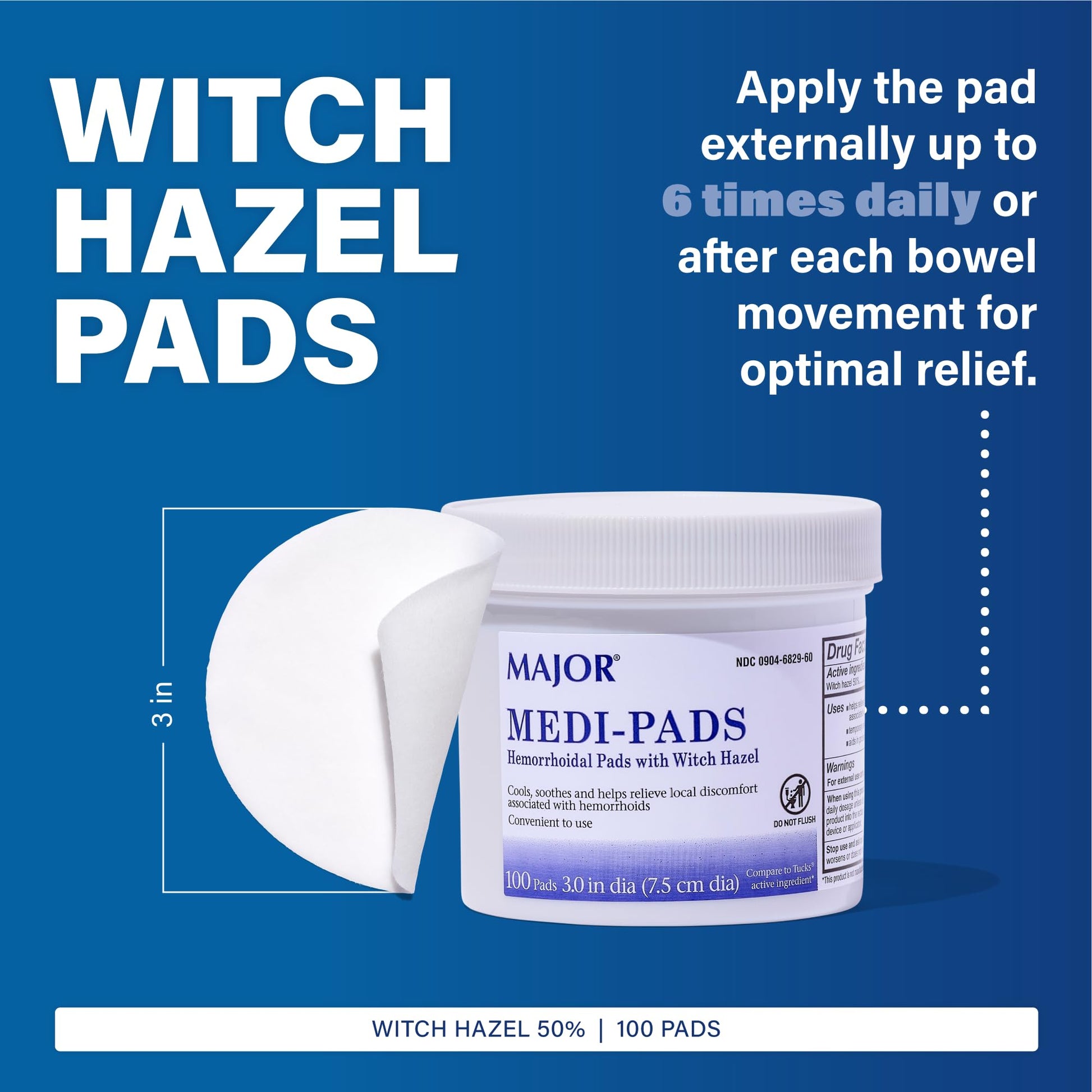 MAJOR Medi-Pads - Hemorrhoidal Hygienic Cleansing Witch Hazel Pads - Cooling Relief with Aloe - 100 Count Jar (1 Pack) - dailyvitalstore